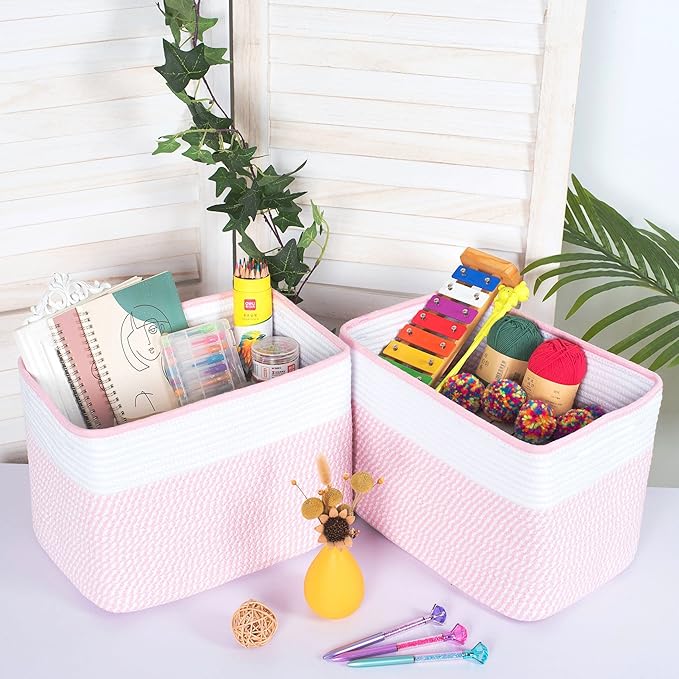 MINTWOOD Design 3-Pack Storage Baskets for Shelves, Decorative Baskets for Organizing, Woven Baskets for Storage, Book Basket, Cube Organizer, Cube Storage Bin Box, Closet Organizers, Light Pink-Ruum Studio Home