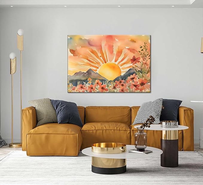 Boho Sun Canvas Wall art Mid-Century Modern Abstract Bohemian Sunset in The Mountains Watercolor Wildflowers Sunrise Landscape Picture Wall Decor Poster Print Artwork for Living Room Bedroom-Ruum Studio Home
