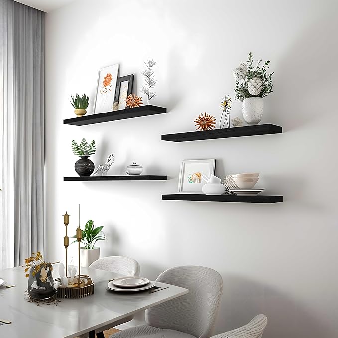 24 Inch Floating Shelves for Wall Rustic Black Wood Wall Shelves for Bedroom Set of 4-Ruum Studio Home