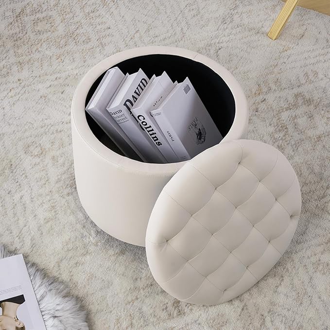 Furniliving Upholstered Button Tufted Round Ottoman, PU Storage Ottoman Round, Removable Lid Convenient Footstools, Classic Ottoman with Storage for Vanity, Nursery Room，IvoryWhite-Ruum Studio Home