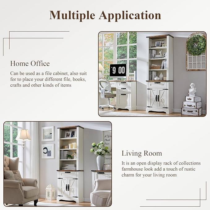 OKD 72'' Tall Bookshelf with Storage, Farmhouse 4 Tier Bookcase with Barn Door, Adjustable Shelves and Drawers, Rustic Wooden Office Bookshelves for Home Bedroom, Living Room, Library Antuique White-Ruum Studio Home