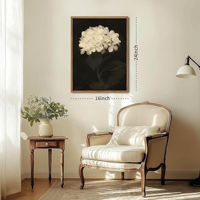 Framed Wall Art for Living Room – Vintage White Hydrangea Oil Painting Canvas Prints, Aesthetic Bedroom Wall Art, Kitchen Decor for Shelves, Bathroom Office Artwork Wall Decor – 16x24in-Ruum Studio Home