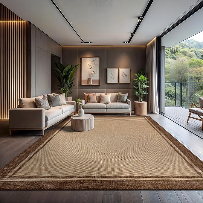 CAMILSON Indoor Outdoor Rug, 10x14 Bordered Natural Brown Modern Large Area Rugs for Indoor and Outdoor Patios, Kitchen and Hallway Mats, Washable Porch Deck Outside Carpet (Jute, 10 x 14)-Ruum Studio Home