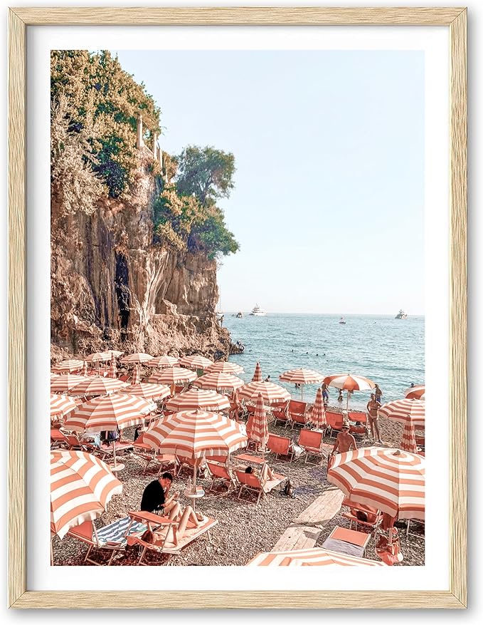 HesenDot Natural OAK Wood Framed Summer in Positano Wall Art,12x16in Italy Amalfi Coastal Canvas Wall Print,Arienzo Beach Umbrellas Poster Wall Decor for Living Room,Bedroom,Office Gallery Set of 1-Ruum Studio Home