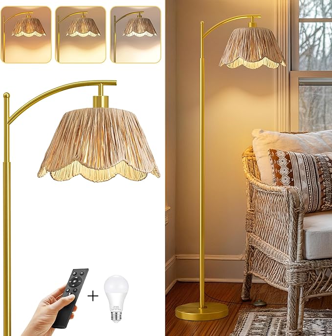 Oneach Boho Floor Lamp with 3 Color Temperatures, Farmhouse Floor Lamps for Living Room with Remote & Dimmable Bulb, Rattan Floor Lamp for Bedroom, Gold-Ruum Studio Home