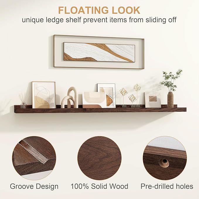 Floating Picture Ledge Shelves 55 Inch Solid Oak Wood Set of 2, Rustic Wall Storage Shelves with Lip, Kids Bookshelf, Photo & Picture Ledge Shelves for Bedroom, Living Room, Kitchen-Ruum Studio Home