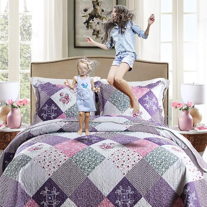 NEWLAKE Quilt Bedspread Sets-Floral Checkered Pattern Reversible Coverlet Set,Queen Size-Ruum Studio Home