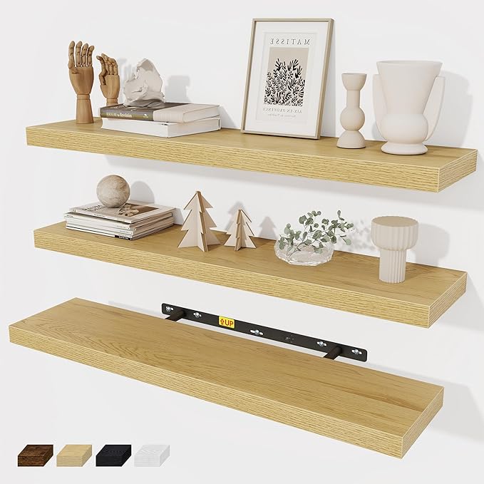 Floating Shelves Wall Shelf 30 Inch Long, Rustic Wood Bathroom Shelves 30 Inch, Farmhouse Home Decor Kitchen Living Room Bedroom Shelves Wall Mounted, 30 x 6.7 x 1.4 Inch, Set of 3, Oak Color-Ruum Studio Home