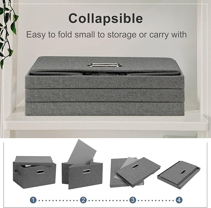 Medium 15" 21 Quart Collapsible Stackable Storage Bins with Lids, 1 Pack Gray Foldable Fabric Closet Storage Boxes with Lids, 4 Handles Heavy-duty Linen Cube Baskets for Bedroom-Ruum Studio Home