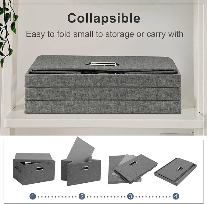 Medium 15" 21 Quart Collapsible Stackable Storage Bins with Lids, 3 Packs Grey Foldable Fabric Closet Boxes Heavy-duty Linen Cube Baskets Container for Bedroom Office (15 x 11 x 8)-Ruum Studio Home