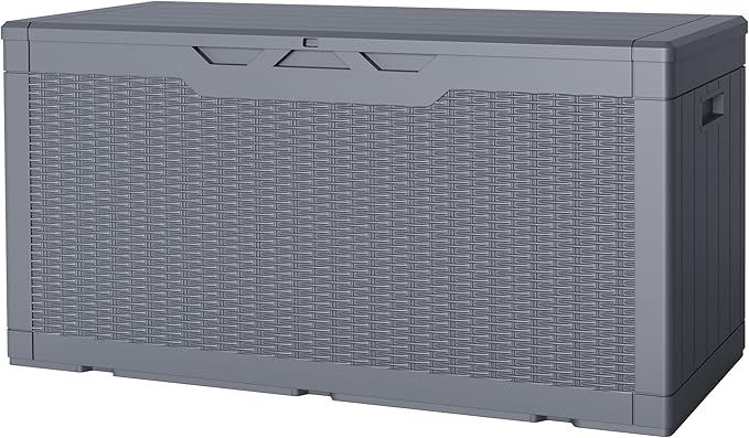 JUMMICO 100 Gallon Resin Deck Box, Waterproof Outdoor Storage Box with Lockable Lid for Garden Tools, Patio Cushions (Gray)-Ruum Studio Home