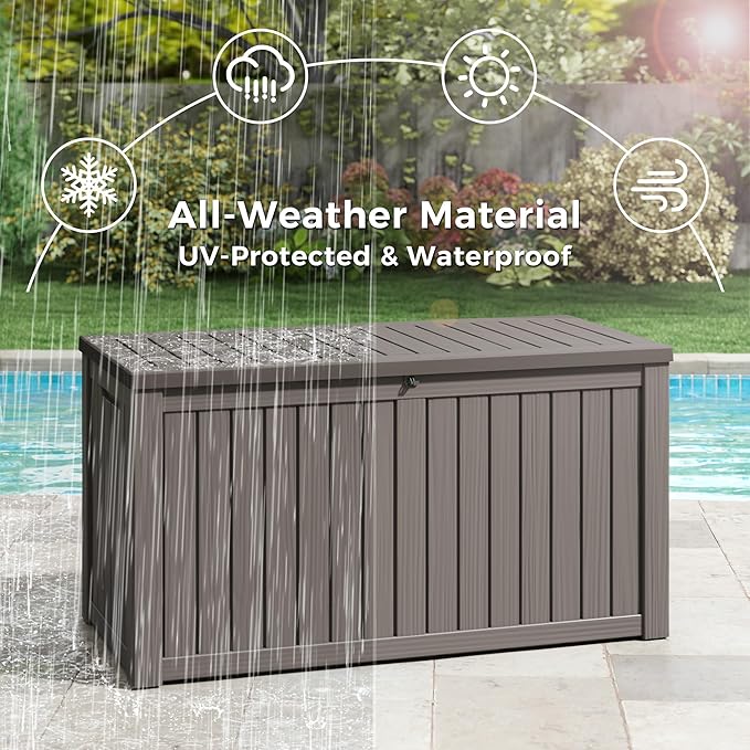 KAMABOKO Outdoor Storage Box, 150 Gallon Large Outdoor Resin Deck Box, Storage Waterproof Boxes Lockable Lid for Garden Tools, Pool Supplies, Patio Furniture and Cushions, Grey-Ruum Studio Home