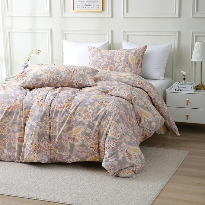 ABREEZE Paisley Bedding Sets 3Pcs Brushed Cotton Duvet Cover Set King Size Rustic Damask Gold Floral Comforter Cover with Zipper Closure Boho Bedding Collections-Ruum Studio Home
