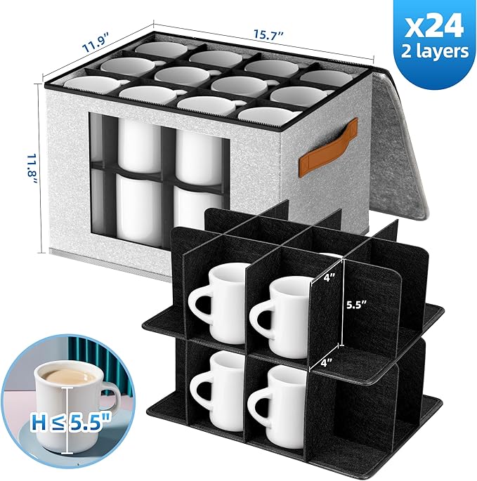 2-Layer Coffee Mug Storage Box with Dividers, Cup Storage Organizer with Zipper Lid and Handles, Stackable China Storage Containers Service for 24 Mugs, Cups and Glasses, Light Grey-Ruum Studio Home