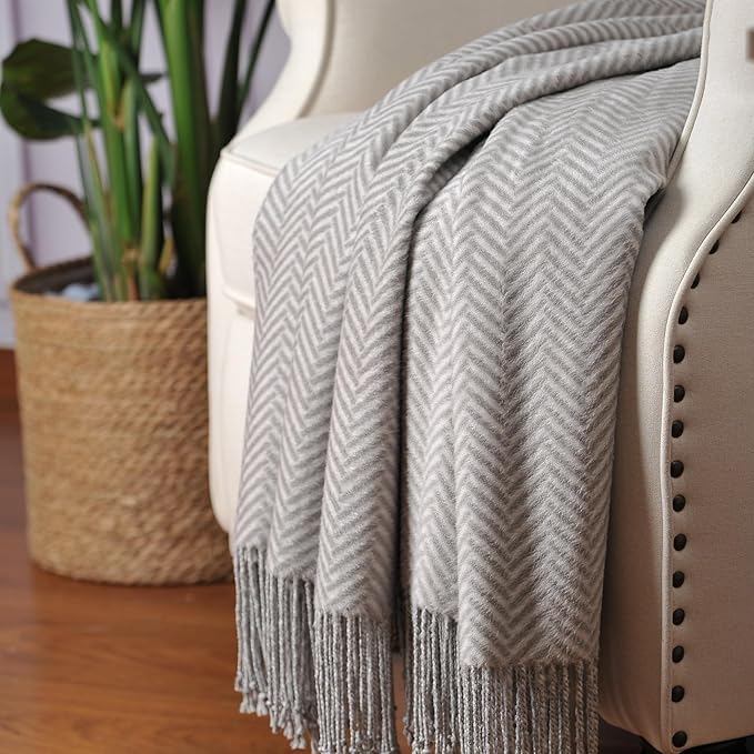 CUDDLE DREAMS Silk Throw Blanket with Hand-Knotted Fringe, Natural, Soft & Breathable (Herringbone Gray)-Ruum Studio Home