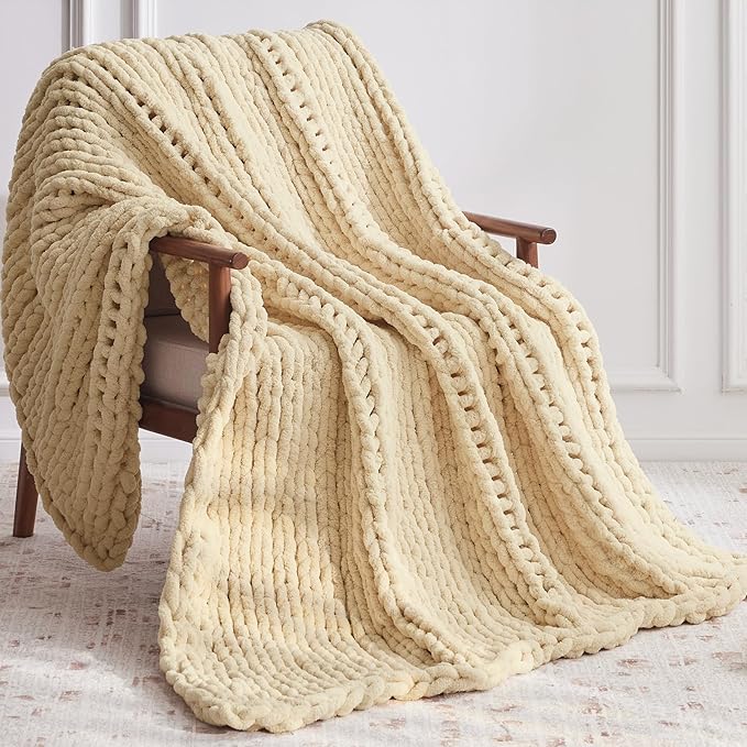 Chunky Knit Throw Blanket, 30''*40'' Knitted Throw Chenille Yarn for Bed Couch, Handmade Oatmeal Crochet Big Thick Blanket, Machine Washable Cute Comfy Blanket for Home Decor-Ruum Studio Home
