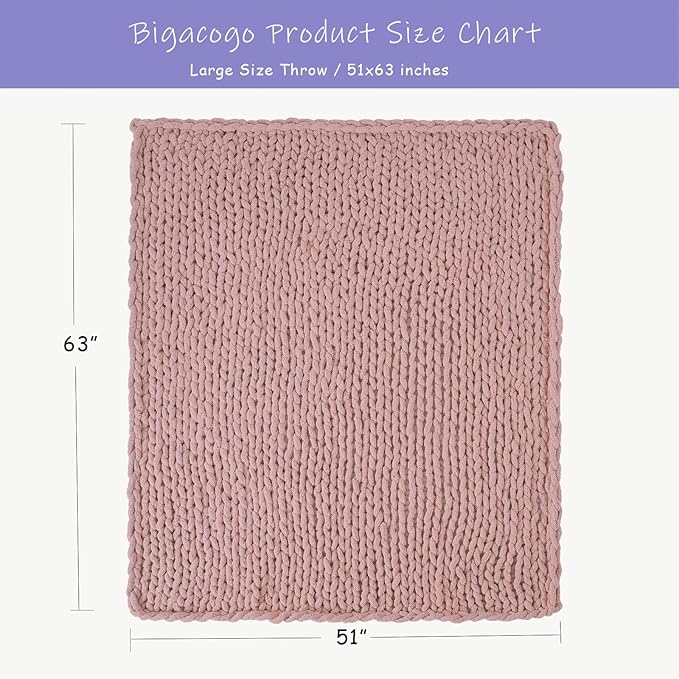 Bigacogo Chunky Knit Throw Blanket for Couch, 51x63 inches, 100% Hand Knitted with Thick Jumbo Chenille Yarn, Cozy Soft Large Rope Knot Cable Crochet Blankets for Sofa Bed Living Room, Dusty Pink-Ruum Studio Home