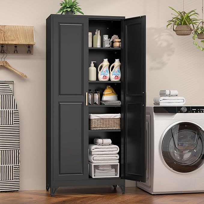 75" Kitchen Pantry Cabinet, Black Metal Storage Cabinets with 2 Doors and 4 Adjustable Shelves, Tall Pantry Storage Cabinet for Kitchen, Dining Room, Living Room-Ruum Studio Home