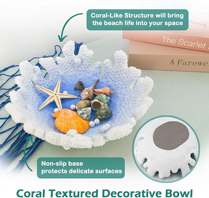 Santorini Blue Coral reef Textured Decorative Bowl,9.45" Medium Resin Decorative Centerpiece Bowl for Coastal Beach theme house table centerpiece decorations & Nautical decorations for coffee table-Ruum Studio Home