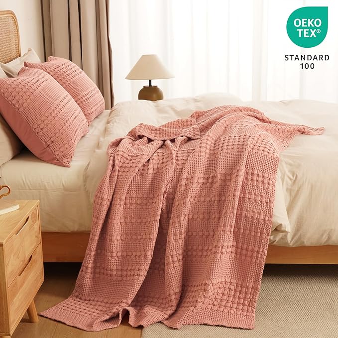 PHF 100% Cotton Waffle Weave Throw Blanket, Soft Lightweight Breathable Cozy Summer Throws for Couch Bed Sofa, Luxury Aesthetic Woven Blanket for Home Decor & Office, 50"x60", Canyon Clay-Ruum Studio Home