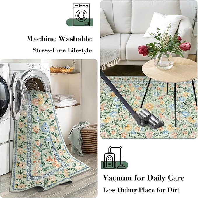 Wonnitar Boho Washable Rugs 8x10, Large Floral Rugs for Bedroom, 8 x 10 Soft Green Living Room Carpet, Non Slip Ultra-Thin Carpet for Kids Playroom Dorm Dining Room-Ruum Studio Home
