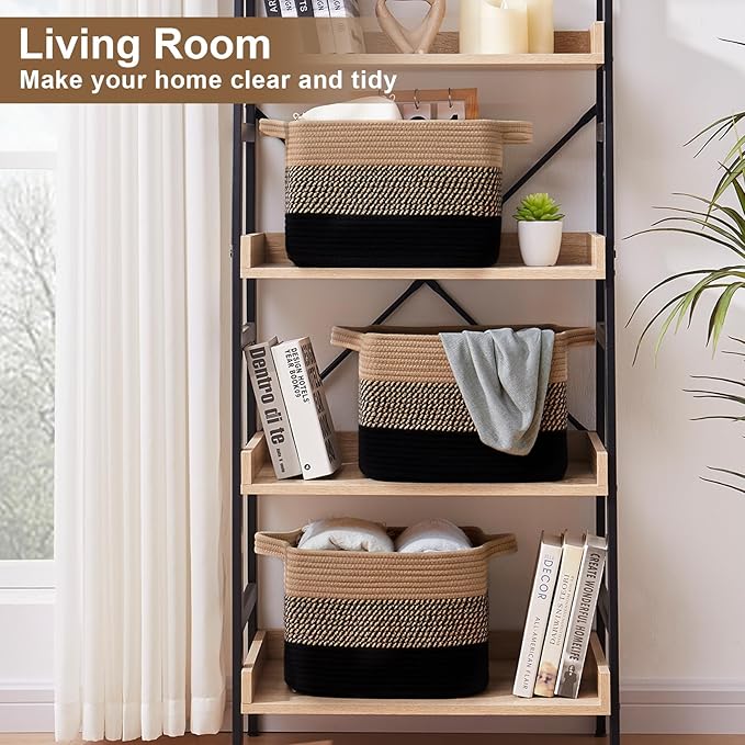 Storage Basket for Organizing, Woven Baskets for Storage, Rectangle Decorative Baskets for Shleves, Closet, Toys, Books, Nursery Organizer Bins - Pack of 3 (Black & Brown)-Ruum Studio Home