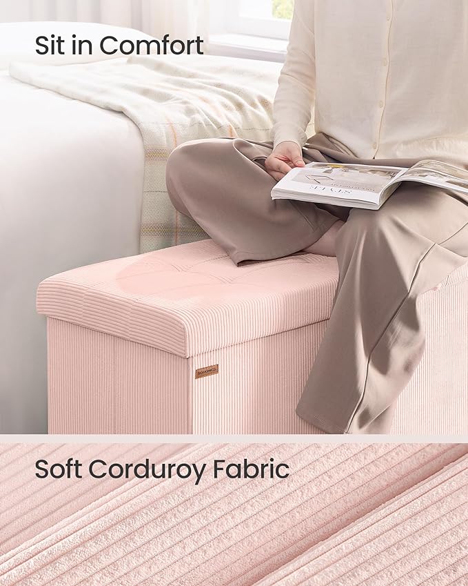 SONGMICS MAZIE Collection - Storage Ottoman Bench, Foldable Foot Rest, 15 x 43 x 15 Inches, End of Bed Bench, Storage Chest, Load 660 lb, Living Room, Bedroom, Entryway, Jelly Pink ULSF604R01-Ruum Studio Home