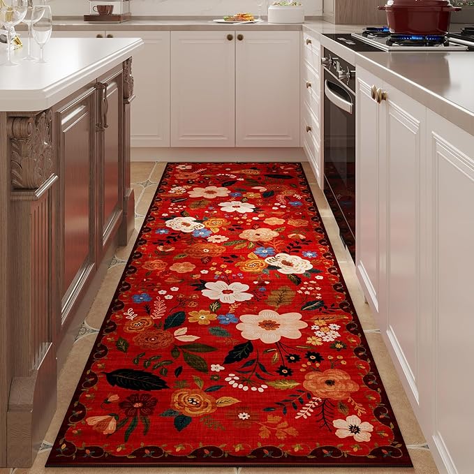 Runner Rug for Hallways Kitchen Rug Non Slip 2'x 6' Washable Runner Rugs with Rubber Backing Soft Floral Carpet Runner for Hallways, Kitchen, Laundry, Bedroom, Bathroom(Red)-Ruum Studio Home