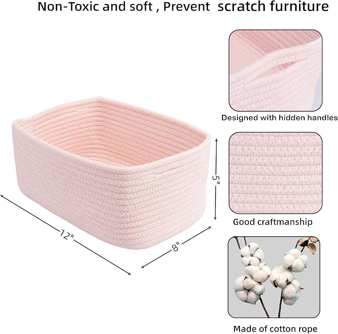 Small Woven Storage Baskets 12“X8”X5“ Decorative Rope Bins for Organizing Shelves, Closets, and Toys, Empty Gift Baskets, Cute Organizer Basket for Home and Office (pink, regular)-Ruum Studio Home