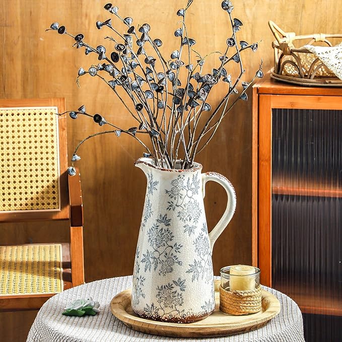 Enra Blue and White vase with Handle,12.2 inch Ceramic Vintage Decorative Flower Pitcher vase, Chinoiserie Floral Vase,Large Rustic Vases for Home Decors, Living Room, Bookshelf, Office-Ruum Studio Home