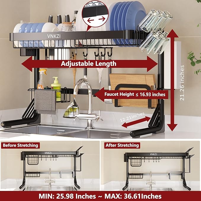 VNKZI Over Sink Dish Drying Rack, 2 Tier Stainless Steel Storage Adjustable Length (25.98'' to 36.61'') Kitchen Rack, Multifunctional Expandable Counter Organizer, Space Saver Dish Rack-Ruum Studio Home