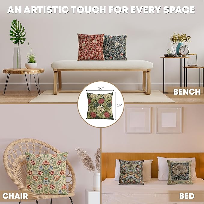 Charlotte Home Furnishings Throw Pillow Covers 16x16 in, Green Chrysanthemum Decorative Pillow Covers, Boho European Tapestry Cushion Cases, Living Room Cozy Home Decor, Jacquard Woven Soft Cotton-Ruum Studio Home