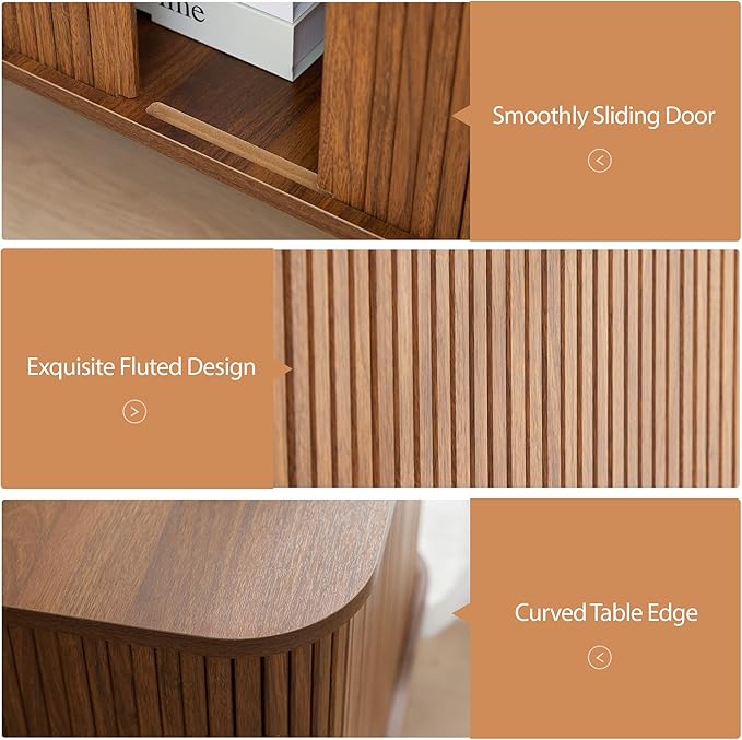 Farmhouse Square End Table with Charging Station, 24" Large Fluted Sofa Side Table with Sliding Tambour Door and Storage, Rustic Curved Wood Nightstand for Living Room, Bedroom, Walnut-Ruum Studio Home