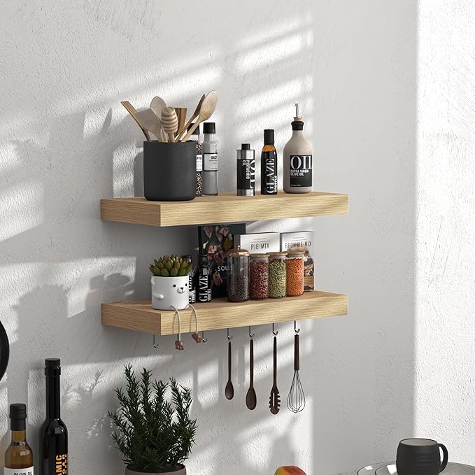 Fun Memories Floating Shelves - 16 Inch Wall Shelf for Decor & Storage - Wall Mounted Display Shelving with Invisible Heavy Duty Metal Bracket 2Pack, Oak-Ruum Studio Home