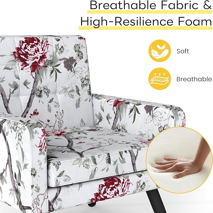 Kromax Mid-Century Modern Accent Chair for Living Room, 496 Lb. Weight Capacity, Dual Armrests, Comfy Extra Large Seat, Timeless Style Perfect for Reading & Relaxing, Red Floral-Ruum Studio Home