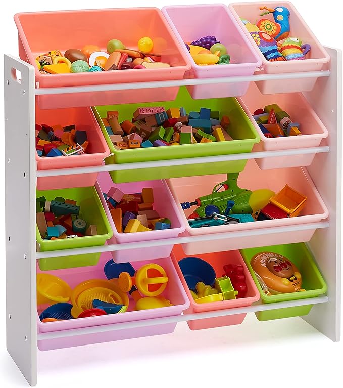 Amazon Basics Kids Toy Storage Organizer With 12 Plastic Bins, White Wood With Pink Bins, 10.9" D x 33.6" W x 31.1" H-Ruum Studio Home