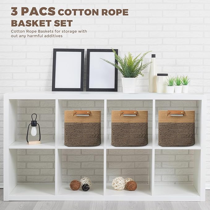danpinera 3-Pack Cotton Rope Baskets for Storage, 11"x11" Cube Storage Cubes Store Toys, Towel, Snack, Storage Bins with Reinforced Stitching & Practical Handles, Black & Brown-Ruum Studio Home