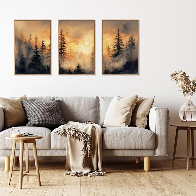 HLNIUC Golden Sunshine Forest Framed Canvas Wall Art,Foggy Forest Pine Tree Wall Decor,Large Sunset Landscape Art Print,Natural Misty Mountain Forest Wall Painting for Living Room,Bedroom - 16”x24”x3-Ruum Studio Home