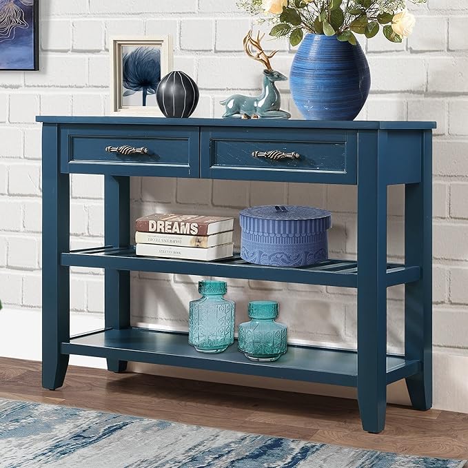 Solid Wood Console Table Entryway Table with Storage Drawers and Shelves Sofa Table for Entry Hallway Foyer(42" Navy Blue)-Ruum Studio Home
