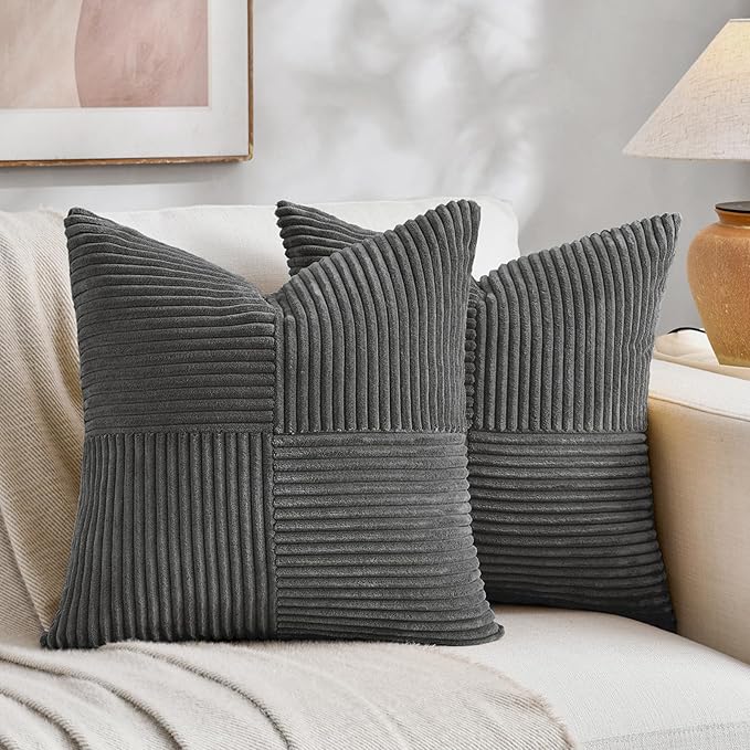 Fancy Homi 2 Packs Dark Gray Decorative Throw Pillow Covers 16x16 Inch for Living Room Couch Bed, Rustic Farmhouse Boho Home Decor, Soft Corss Patchwork Corduroy Textured Square Cushion Case 40x40 cm-Ruum Studio Home