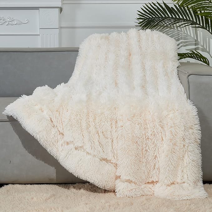 GONAAP Fuzzy Faux Fur Throw Blanket Ivory Super Soft Cozy Plush Fuzzy Shaggy Blanket for Couch Sofa Bed (Ivory, Throw(50"x60"))-Ruum Studio Home