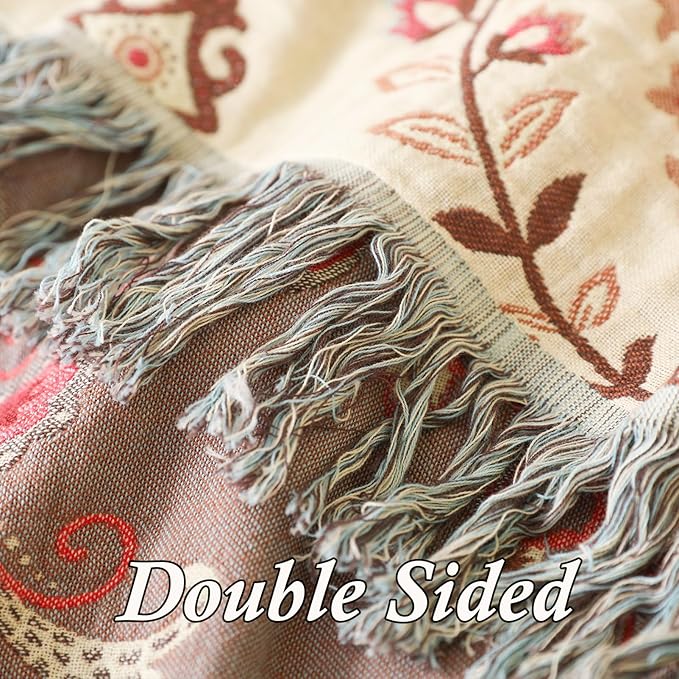 Snycler Boho Throw Blanket for Bed - 100% Cotton Ultra Soft Rustic Quilt - Pink Boho Floral Printed Farmhouse Decor Bed Blankets, 80"×90" All Season Rustic Throw for Sofa Couch Chair-Ruum Studio Home