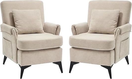 KCC Mid-Century Accent Chairs Set of 2,Chenille Modern Upholstered Single Sofa,Cozy Armchair with Back for Bedroom/Office/Cafe,Begie-Ruum Studio Home
