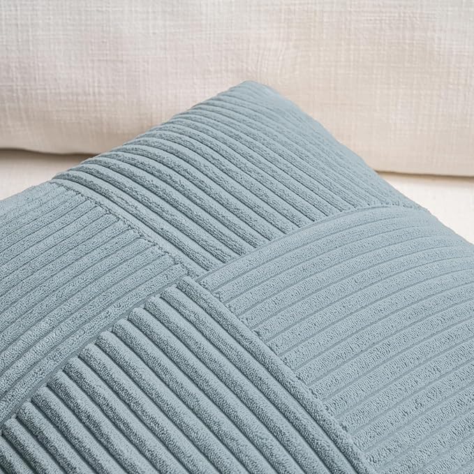 Fancy Homi Set of 2 Light Blue Decorative Throw Pillow Covers 22x22 Inch for Living Room Couch Bed Sofa, Farmhouse Boho Home Decor, Soft Cross Corduroy Patchwork Accent Square Cushion Case 55x55 cm-Ruum Studio Home