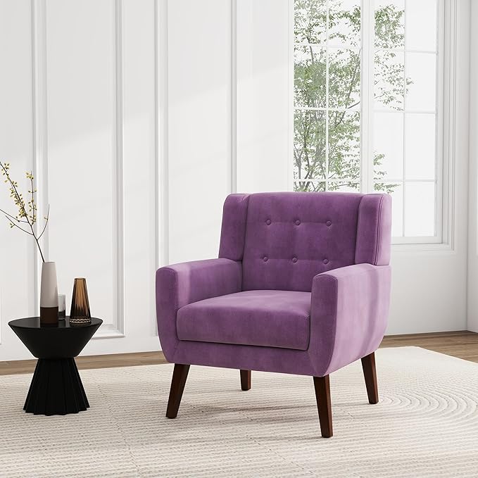 UIXE Accent Chair Modern Upholstered Armchair, Mid Century Club Arm Chairs Comfy Single Sofa Living Room Button Tufted Reading Seat Bedroom Side Seating, Velvet-Purple-Ruum Studio Home