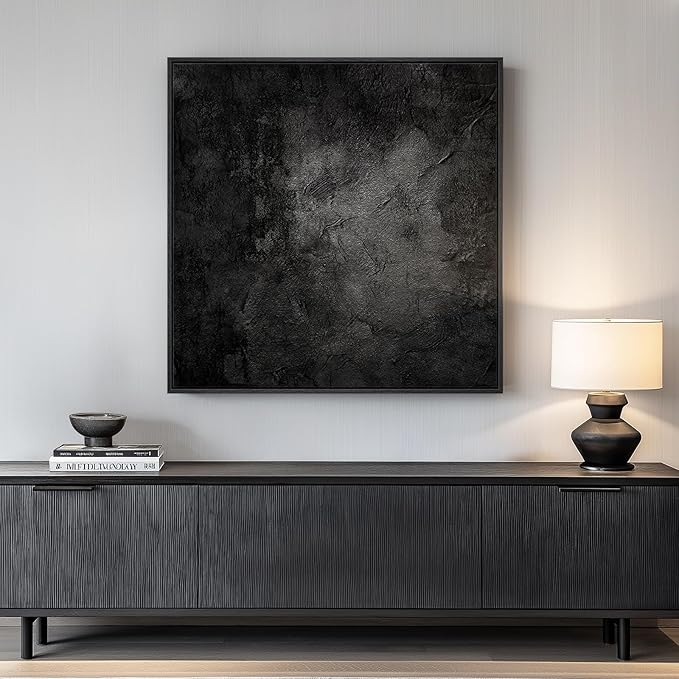 Framed Black Abstract Wall Art, Modern Canvas Prints Paintings Artwork for Walls, Square Minimalist All Black Pictures for Living Room, Hallway, Fireplace, Bedroom, Office, Bathroom Wall Decor-Ruum Studio Home