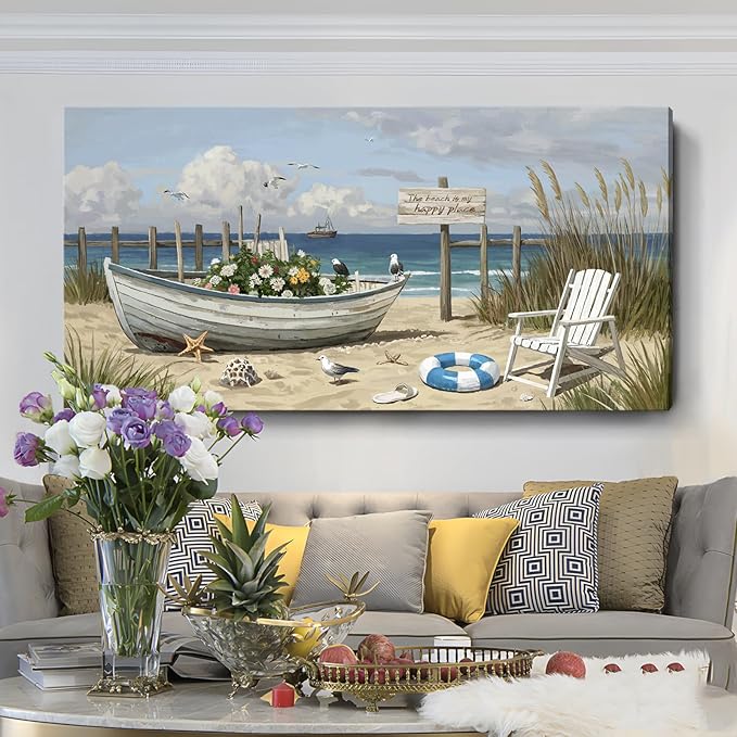 amatop Oversized Coastal Canvas Wall Art – Nautical Seaside Landscape Floral Boat on Sandy Beach Ocean Seabirds Horizontal Decor Large Wildflower Nature Artwork for Living Room Bedroom Office 58×29 Inch-Ruum Studio Home
