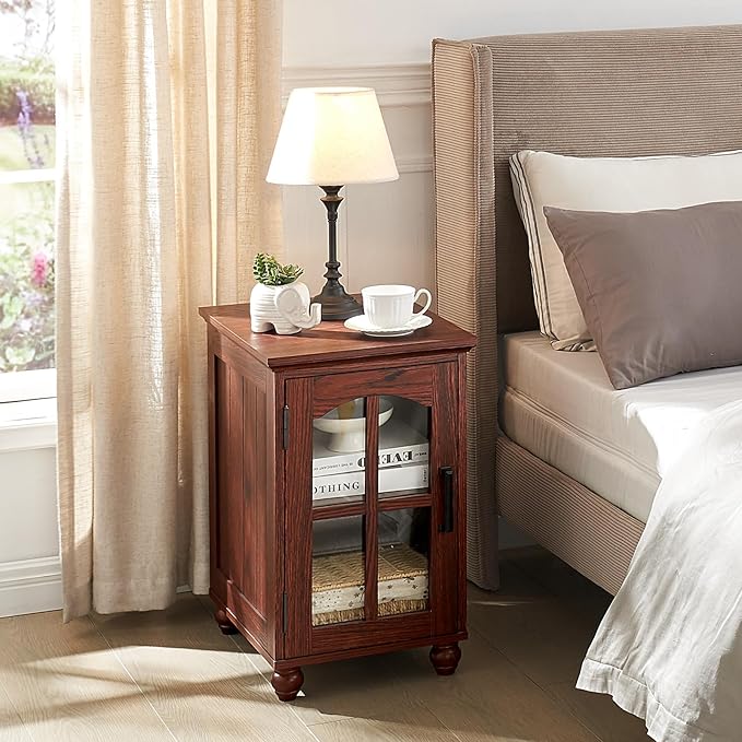 Narrow Side Table,Farmhouse Nightstand with Charging Station,Wood End Table with Glass Barn Door Storage, Cabinet Organizer with Adjustable Shelf, Night Stand for Small Spaces for Living Room Bedroom-Ruum Studio Home