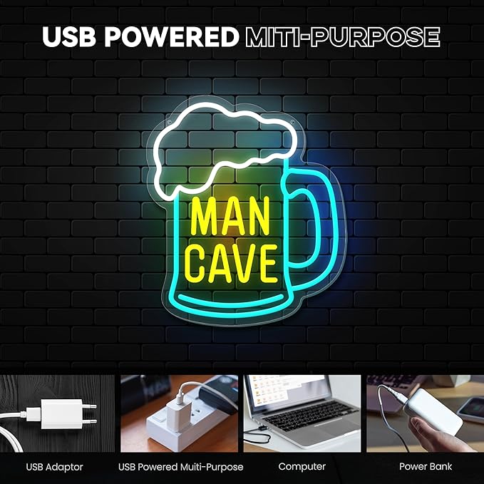 Man Cave Neon Sign, Beer Neon Signs for Wall Decor, Dimmable Acrylic Neon Lights for Man Cave Gamer Room Bedroom Bar Pub Party Decorations-Ruum Studio Home