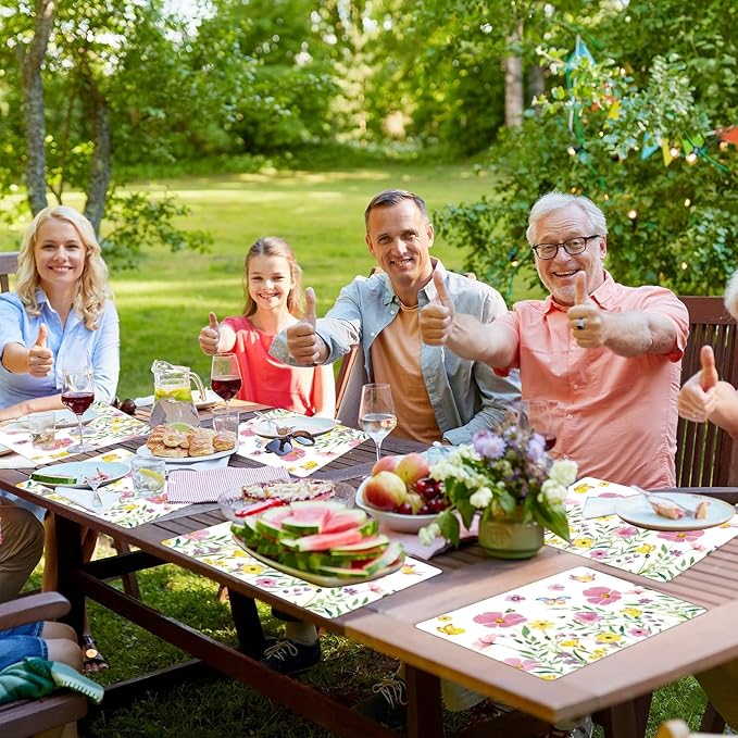 Spring Floral Butterfly Placemats Set of 6 Flower Summer Plastic Table Mats Wildflower Place Mats Washable Vinyl Rustic Holiday Table Decoration for Indoor Outdoor Party Kitchen Dining-Ruum Studio Home